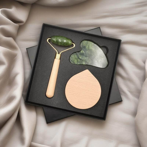 LUNA - Set of Jade Face Roller, Guasha and Mirror 