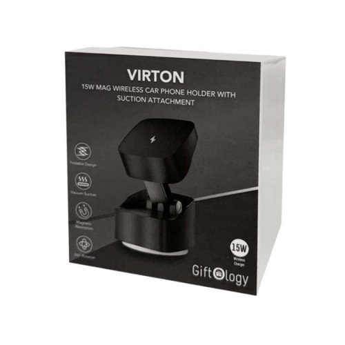 VIRTON - Giftology Magnetic Car Phone Holder and 15W Wireless Charger - Black