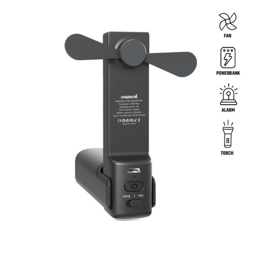ZEPHYR - @memorii 4-in-1 Fan Powerbank, Safety Alarm & Torch - Black