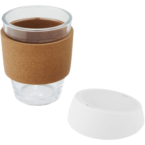 Lidan 360 ml borosilicate glass tumbler with cork grip and silicone lid