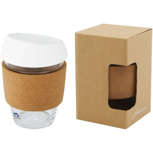 Lidan 360 ml borosilicate glass tumbler with cork grip and silicone lid