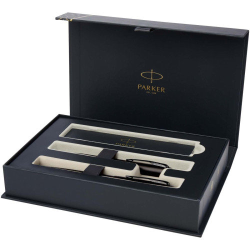 Parker IM achromatic ballpoint and rollerball pen set with gift box (black/blue ink)