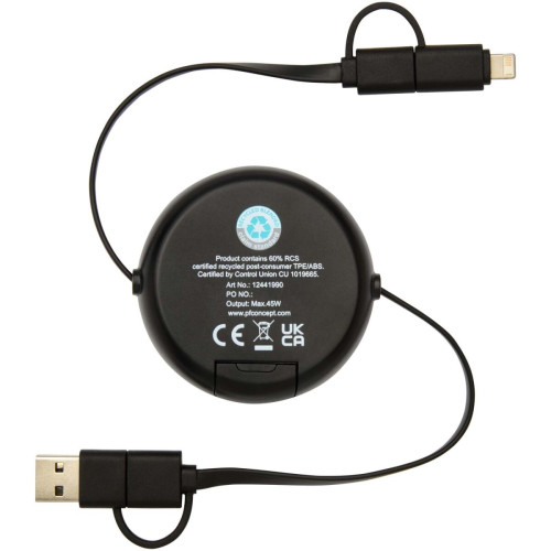 Chechia 5-in-1 recycled plastic 100 cm retractable data sync and 45W fast charge cable