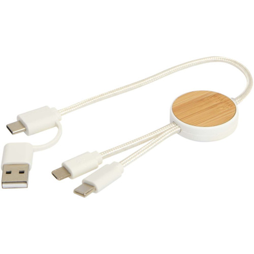Chechia 5-in-1 recycled plastic 30 cm data sync and 27W fast charge cable with bamboo details