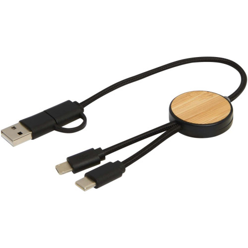 Chechia 5-in-1 recycled plastic 30 cm data sync and 27W fast charge cable with bamboo details