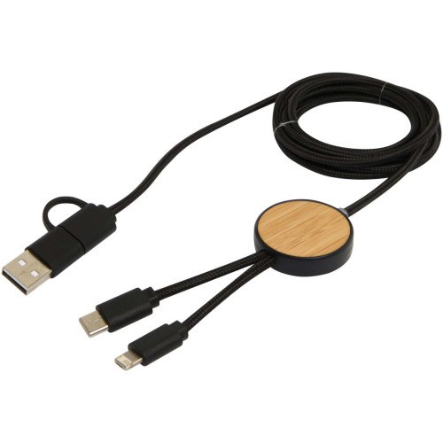 Chechia 5-in-1 recycled plastic 150 cm data sync and 27W fast charge cable with bamboo details