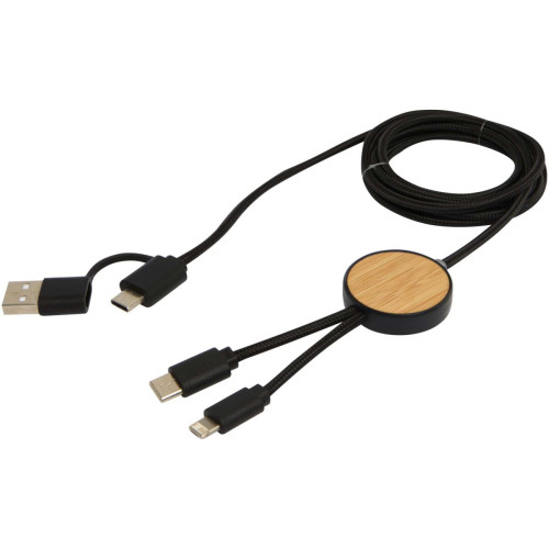 Chechia 5-in-1 recycled plastic 150 cm data sync and 27W fast charge cable with bamboo details