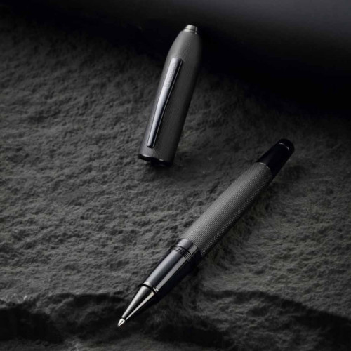 Peerless™ Polished Black PVD Engraved Diamond Pattern with Black PVD Appointments and Swarovski Crystal Rollerball Pen (Blue Ink)